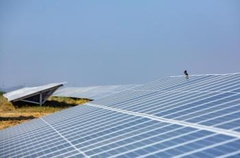 Overview of the solar power plant - Khirasara solar power plant, Gujarat, India (solar panels, photovoltaic panels, Adani Green Energy Limited, photovoltaic panel, solar farm, energy transition)