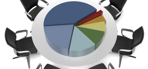 Table de réunion avec camembert statistique au centre