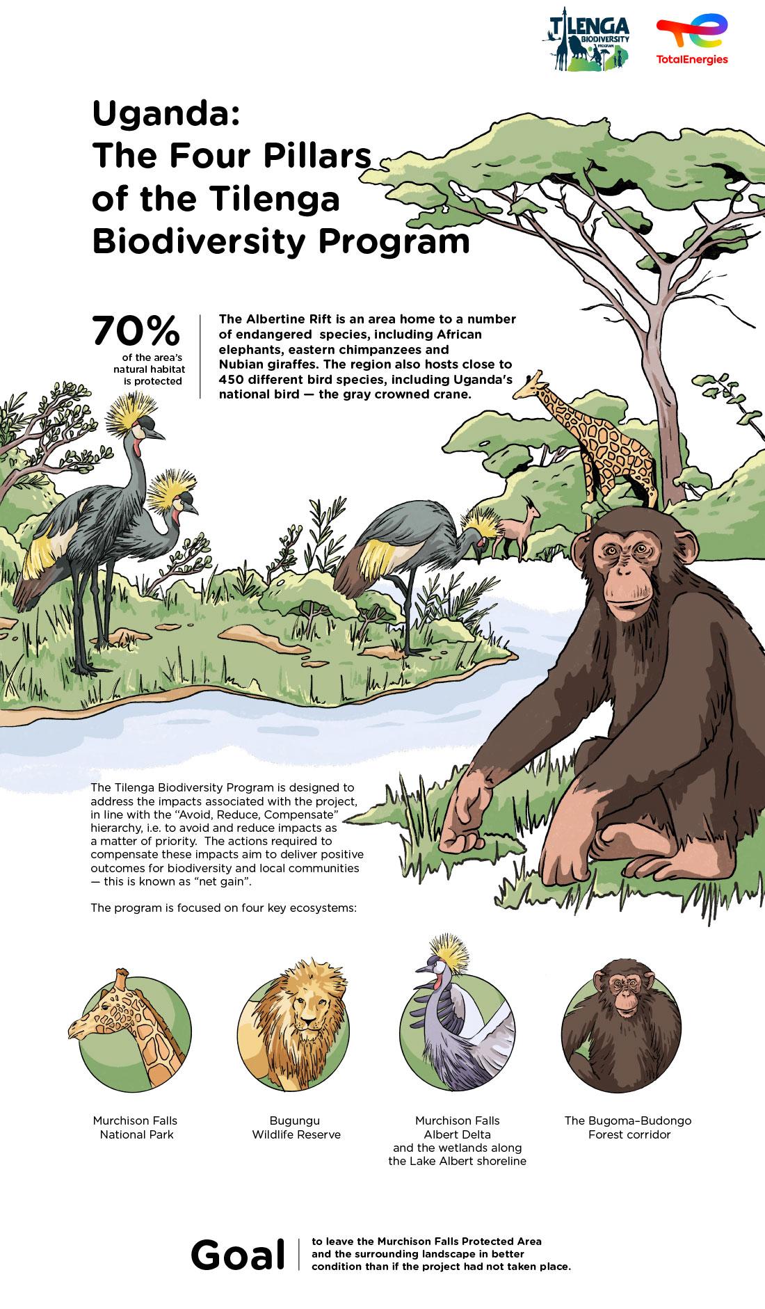 © TotalEnergies Infographics « Uganda : The Four Pillars of the Tilenga Biodiversity Program » - see detailed description hereafter